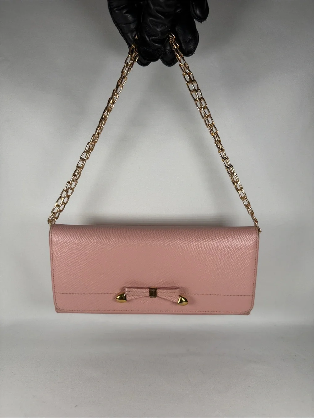 Authentic Prada Pink Bow-Detail Wallet with chain